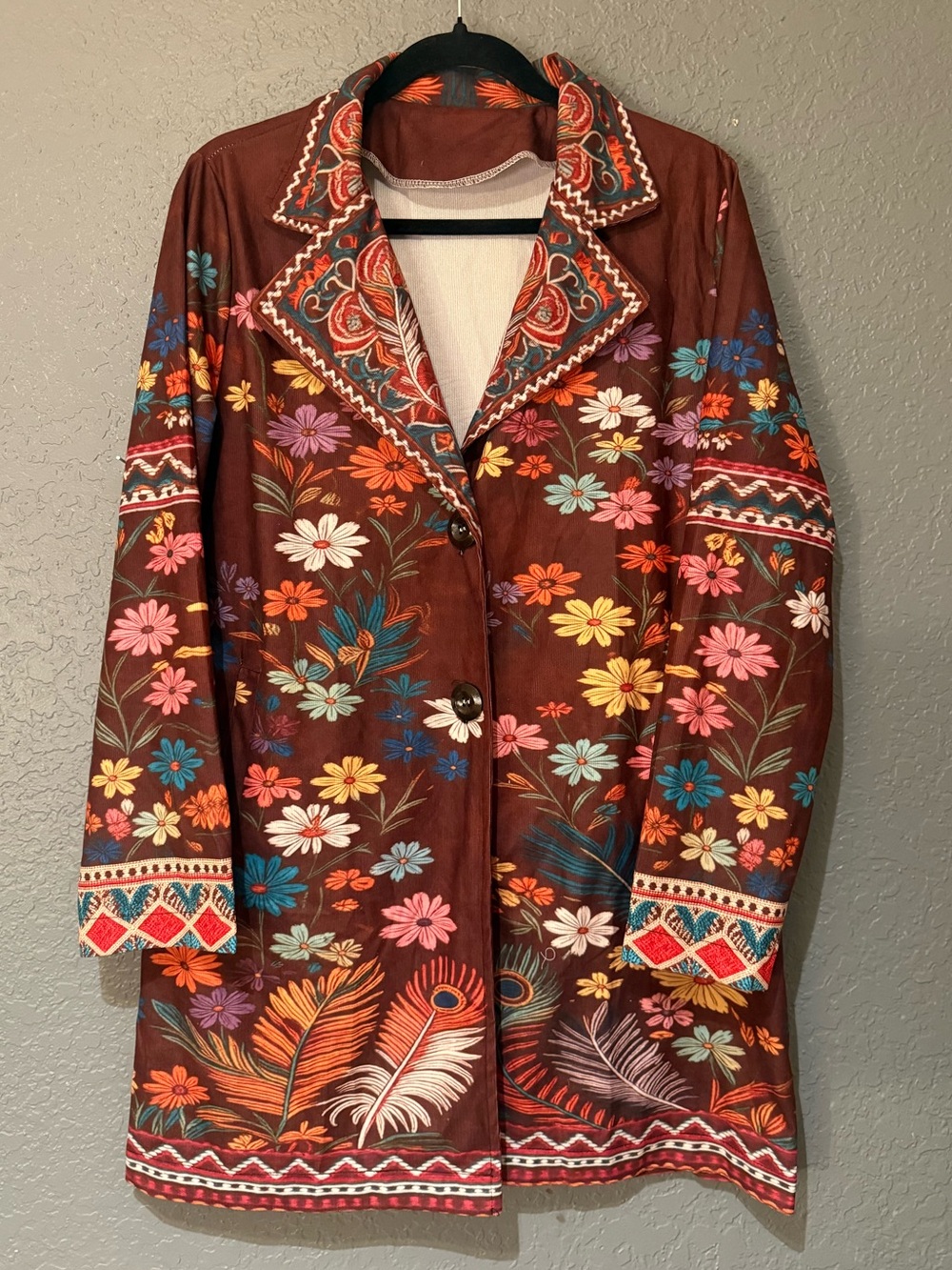 Brown Floral Embroidered Boho Coat-never worn-new no tags